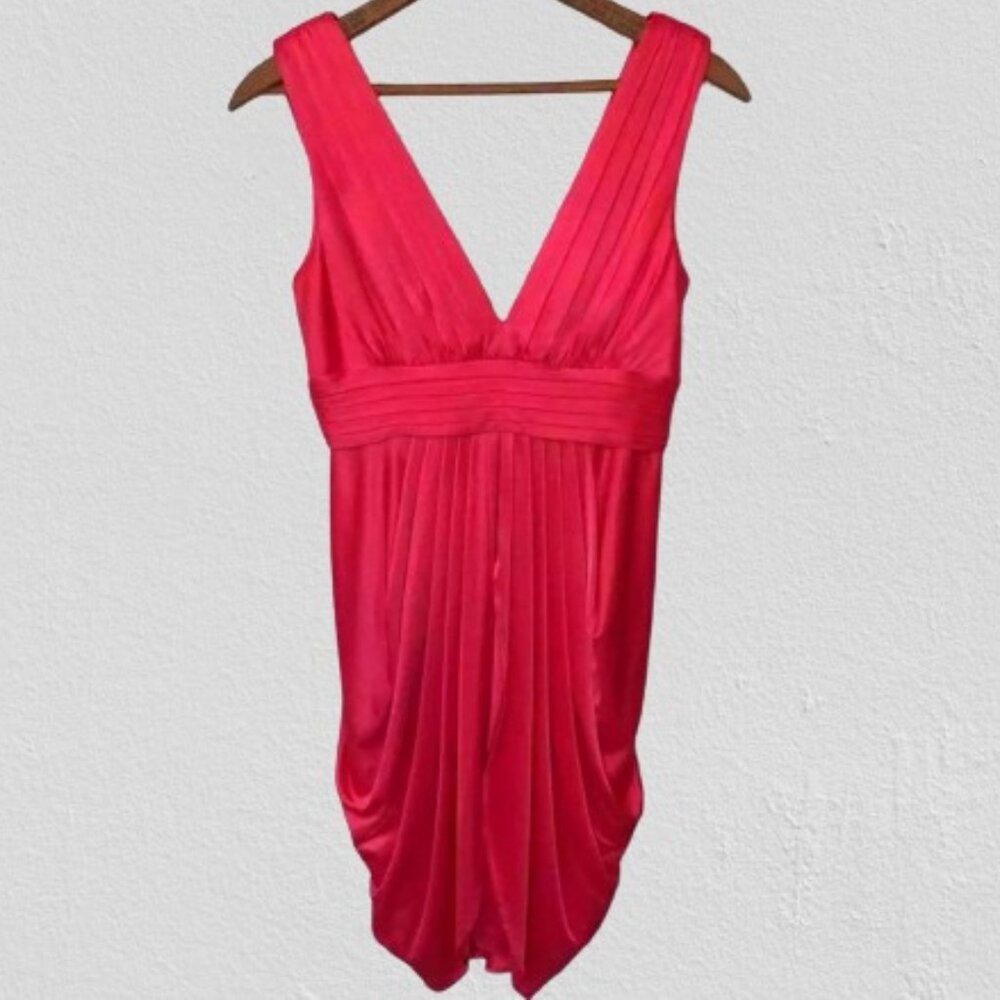 BCBGMAXAZRIA Ruched Wide Strap Draped Satin Dress, Bright Coral Pink, Sz XXS